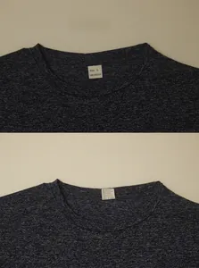 Detail of grey Henley shirt neckline showing 100% polyester fabric and washing label