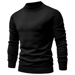 Detail of black men's knit sweater showing dense texture and turtleneck design