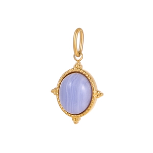 Macro detail of oval lavender natural stone pendant with vintage gold beaded frame