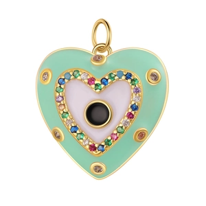 Detailed mint green heart charm with evil eye design and colorful cubic zirconia inlay