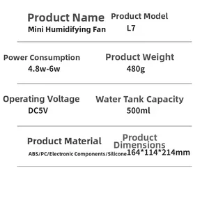 Technical specifications of Mini Humidifying Cooler Fan L7 with 500ml water tank details