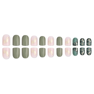 Short oval press-on nails set featuring green, pink, and gold foil leopard designs