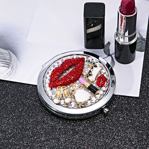 Mini round portable makeup mirror with red crystal lips and enamel fashion charms