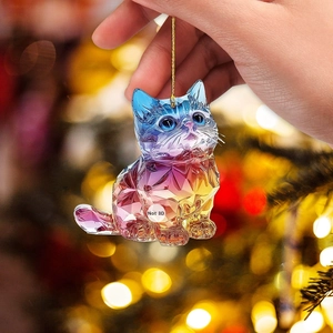 Flat acrylic cat ornament with holographic finish and gold string for festive decor