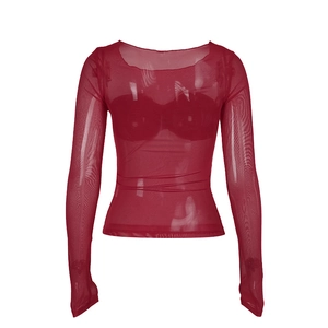 Detail of red sheer mesh fabric texture on long sleeve slim fit crewneck top