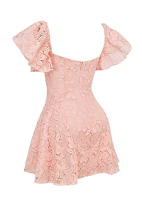 Detailed back view of pink floral lace dress showing zipper and ruffle sleeve texture