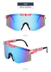 Detail of red and white cycling sunglasses with colorful blue-purple gradient coated lenses