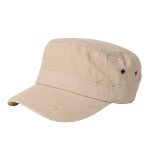 Distressed khaki military flat top cap with herringbone texture and metal eyelets