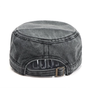 Back view of vintage grey washed cotton cadet cap with adjustable metal buckle strap