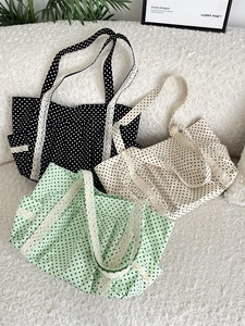 Polka Dot Canvas Tote Bag Sweet Lace Trim Korean Style Large Capacity Handbag Shoulder Bag For Women Daily Casual Use