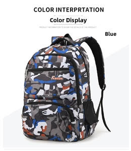Detail view of blue camo backpack showing side mesh pocket and padded straps