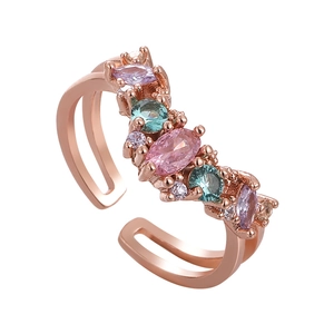 Rose gold adjustable open ring with vibrant multi-colored marquise zirconia crystals