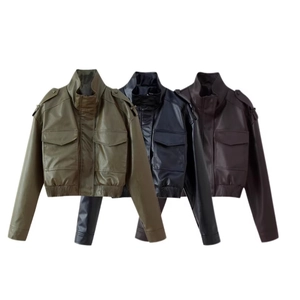 Women's faux leather jacket with stand collar and pockets in olive green, black, and brown