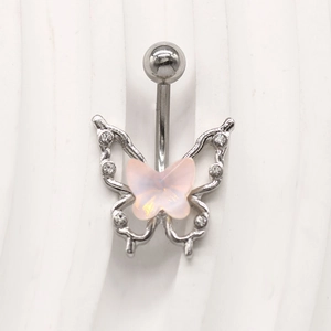 Pink butterfly belly button ring in stainless steel with sparkling white rhinestones
