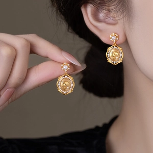 Vintage gold plated ginkgo leaf earrings with pearls and zircon crystals for women