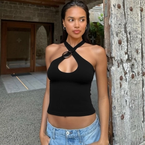 Halterneck Tanktop Ring Detail Cut Out Slim Fit Kurzes Camisole Einfarbig Polyester Spandex Sexy Streetwear Damen