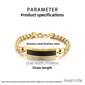 Detail view of 12mm gold stainless steel bracelet with black rectangular inlay and clasp