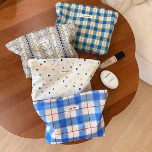Floral Plaid Polka Dot Cotton Canvas Makeup Bag Women Cosmetic Organizer Zipper Travel Toiletry Storage Pouch Bag