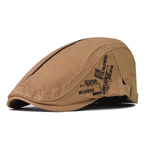 Classic khaki cotton flat cap with vintage side embroidery and adjustable metal buckle