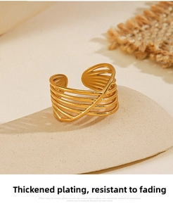Detail of gold multilayer cross band ring showing high-quality thick electroplating texture