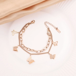 Elegant double-layered rose gold butterfly bracelet in titanium steel with 18K engraving