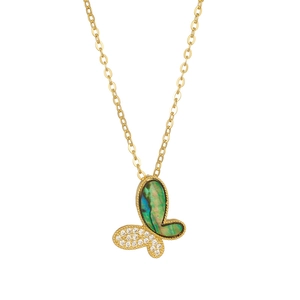 Elegant gold butterfly necklace with green abalone shell and micro-pave crystals