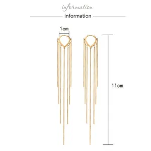 Golden metal tassel earrings with heart-shaped tops and 11cm long hanging chains