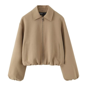 Veste bouffante courte marron à col rabattu et fermeture éclair pour femmes chic
