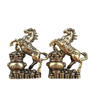 Set of two brass horse figurines on treasure bowls, antique finish auspicious ornaments