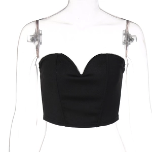 Front view of black slim-fit tube top with sweetheart neckline on a display mannequin