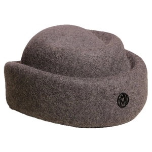 Elegant dark grey wool felt pillbox hat for women with vintage rolled brim and M buckle