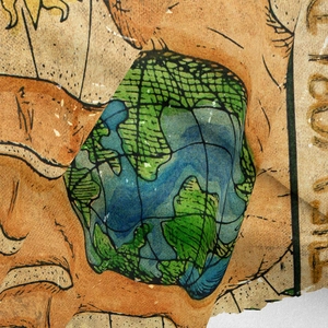 Macro shot of high-definition digital printing on vintage world map polyester tapestry fabric