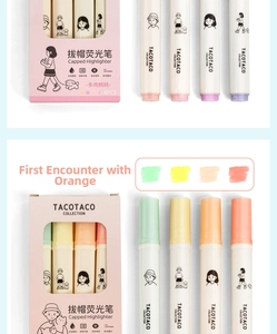 Detail view of TACOTACO highlighter pen sets in Peach and Orange aesthetic color palettes