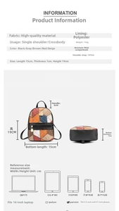 Detailed size chart for mini plaid backpack showing dimensions and material parameters