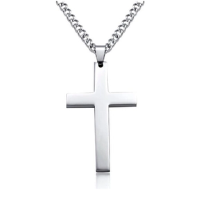 Minimalist silver cross necklace pendant in polished metal with professional studio reflection