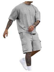 Men's loose summer casual grey sport set with oversized t-shirt and cargo shorts