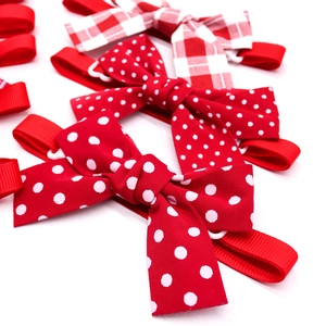 Close-up of red polka dot and plaid pet bowties with adjustable elastic straps