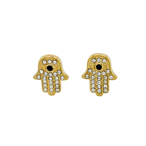 Golden Hamsa Hand stud earrings with white rhinestones and black zircon evil eye detail