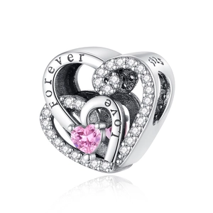 Silver double heart bead charm with pink crystal and forever love engraving