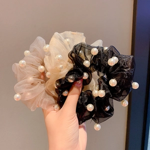 Elegant organza scrunchies with white pearls in black and beige, sweet hair accessories