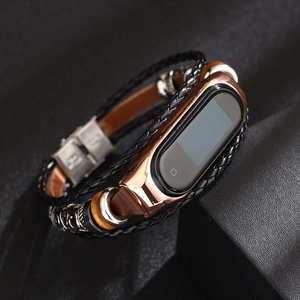 Vintage leather replacement band for Xiaomi Mi Band with ethnic silver beads and rose gold frame