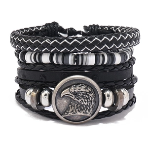 Men's Retro Handmade Woven Leather Bracelet With Eagle Head Badge Owl Charm And Multi-Layer Cord For Fashion Jewelry Gift