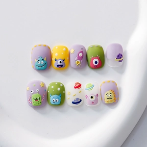 3D embossed nail art stickers with colorful cartoon monsters and space theme designs