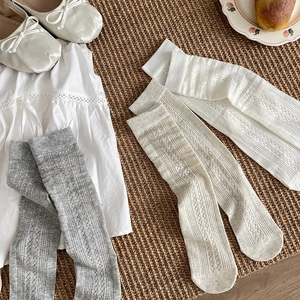 Breathable knit crew socks in white and beige with elegant hollow-out wave patterns