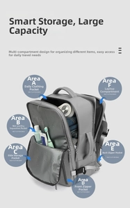Detail view of large grey backpack featuring waterproof dry wet separation and laptop sleeve