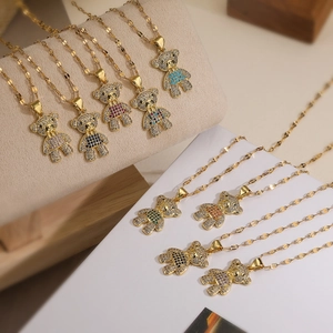 Copper Gold Plated Zirconia Cute Bear Pendant Necklace For Women Teddy Bear Clavicle Chain Fashion Jewelry Animal Gift