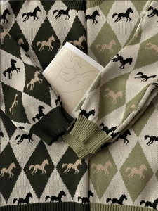 Detail shot of green knit sweater showing intricate horse jacquard and argyle pattern