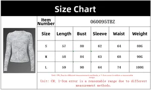 Detailed size chart for lace slim-fit long-sleeve top including S, M, L measurements in CM