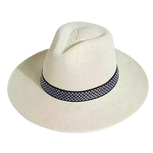 Chapeau de paille vintage pour homme blanc cassé avec ruban tressé noir et blanc