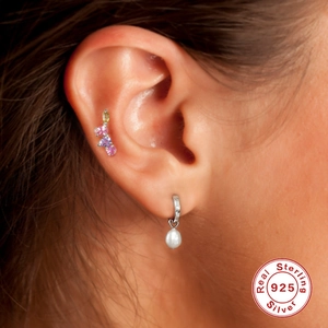 Minimalist S925 sterling silver hoop earrings with white pearls and colored gemstones